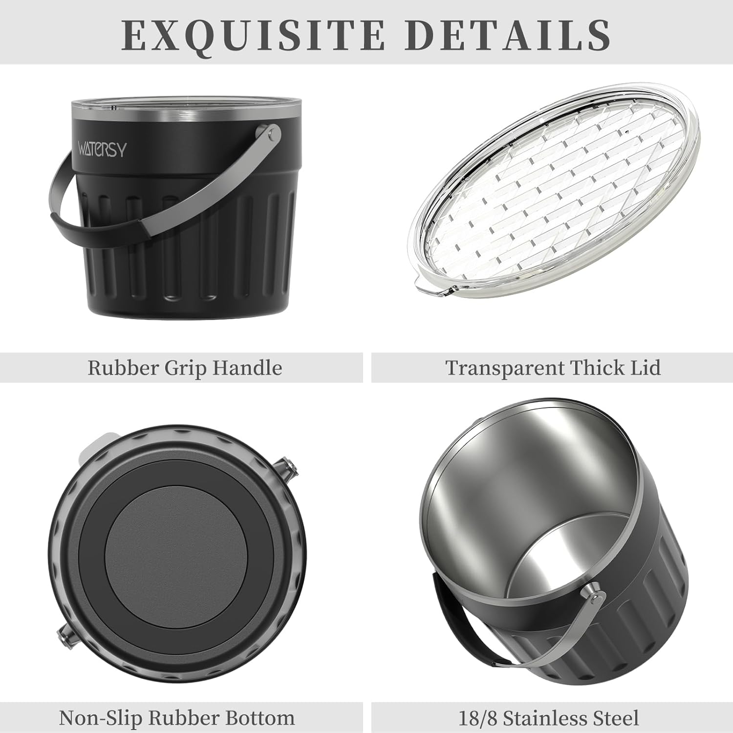 WATERSY Insulated Ice Bucket（8 Quart / 7.6 L） with Lid, Scoop, Ice Tong，Wall Vacuum Stainless Steel, Black