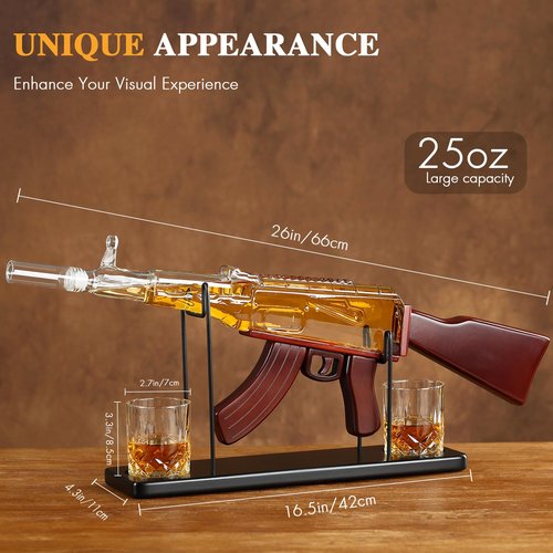 Gifts for Men Dad, AK Gun Whiskey Decanter Set with 2 Whiskey Glasses, 25 oz Large Liquor Decanter Set, Military Present for Father, Brother,Gun Liquor Dispenser Fun Conversation Starter