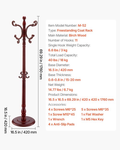 VEVOR Coat Rack Freestanding, Wooden Coats Rack Stand with Weighted Base & 11 Hooks, Free Standing Hall Coat Tree for Entryway, Bedroom, Living Room, Modern Clothes Hanger Stand for Coats, Hats, Bag