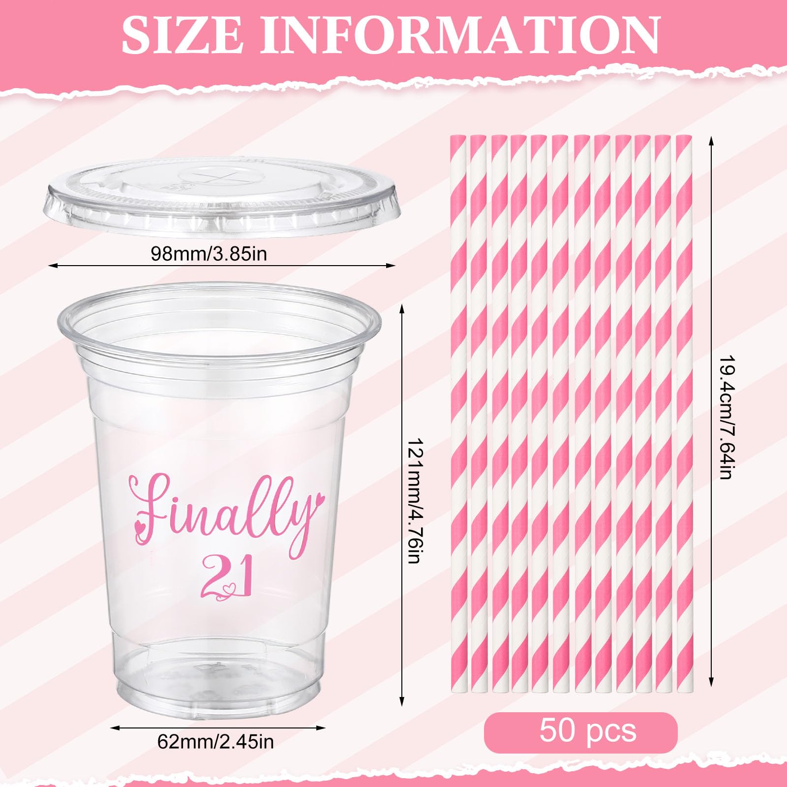 Funnymoom 50 Sets 21st Birthday Cups for Women 16 oz Plastic Cups with Lids and Straws Clear Happy Birthday Disposable Drinking glasses Bulk for Finally 21 Anniversary Party Supplies