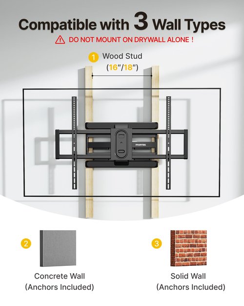 monTEK Heavy Duty Full Motion TV Wall Mount for 43–100 Inch TVs Pre-Assembled Bracket with Tool-Free Tilt Swivel & Extension Max VESA 800x600, 150lbs 4X Strength Tested Fits 16/18 Inch Studs