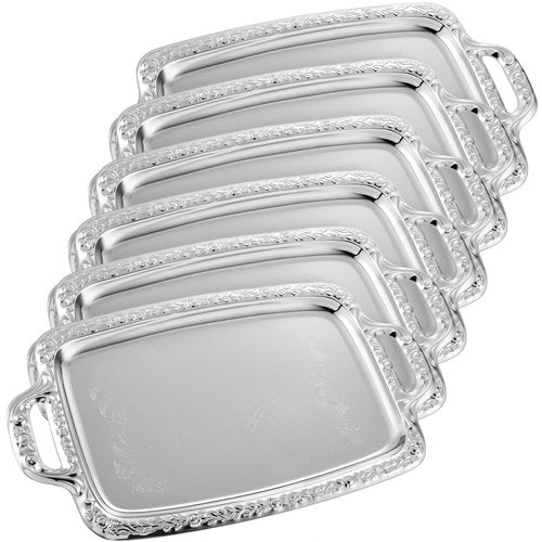Tiangrid 6 Pcs Silver Serving Tray with Handle Elegant Floral Metal Plate Silver Platter for Buffet Wedding Party Jewelry Decorative (Oblong)