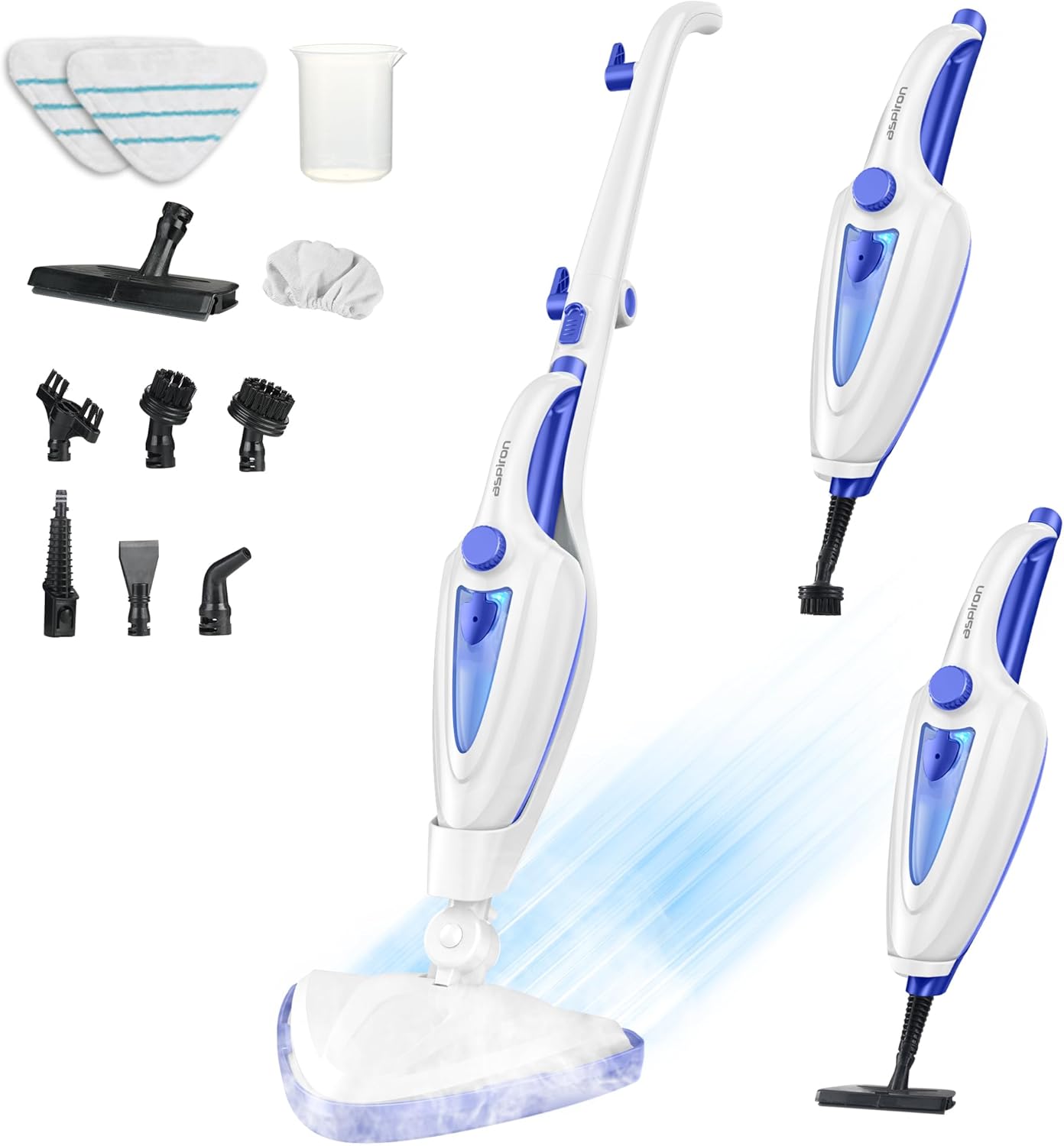 Skiennix 12-in-1 Steam Mop - Fast 15-Sec Heat-Up, 1500W Handheld Cleaner with 2 Dirt Grip Pads | Removes 99.99% Stains for Hardwood, Windows, Tiles, and More - White