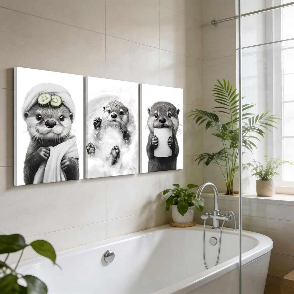 Skiennix Cute Otter Canvas Wall Art - Funny Black and White Bathroom Decor | 3-Piece Set