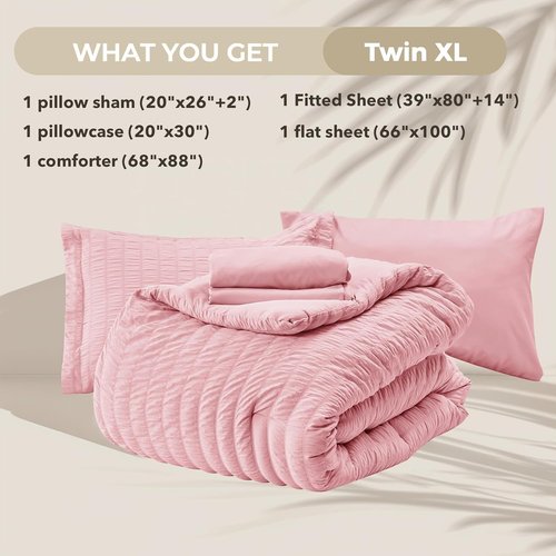 HYMOKEGE Twin XL Comforter Set - 5-Piece Seersucker Luxury Bedding Set in Pink for All Seasons