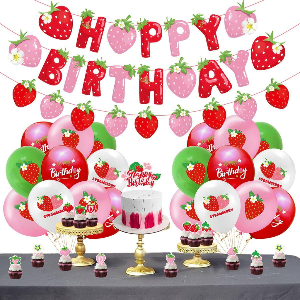 Strawberry Party Decoration Set - Balloons & Cake Toppers for Girls' Birthday | Fruit Theme Supplies