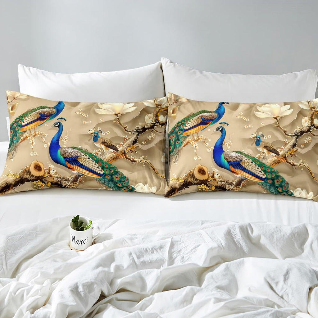 Feelyou Peacock Comforter Cover Set Peacock with Floral Bedding Set for Kids Adults Girls Animals Duvet Cover Botanical Bedspread 1 Duvet with 2 Pillowcases King Size (No Comforter)