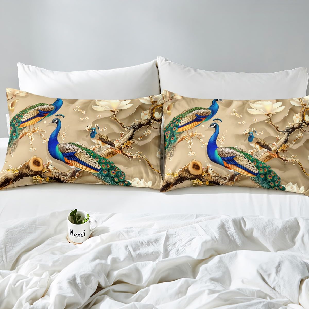 Feelyou Peacock Comforter Cover Set Peacock with Floral Bedding Set for Kids Adults Girls Animals Duvet Cover Botanical Bedspread 1 Duvet with 2 Pillowcases King Size (No Comforter)