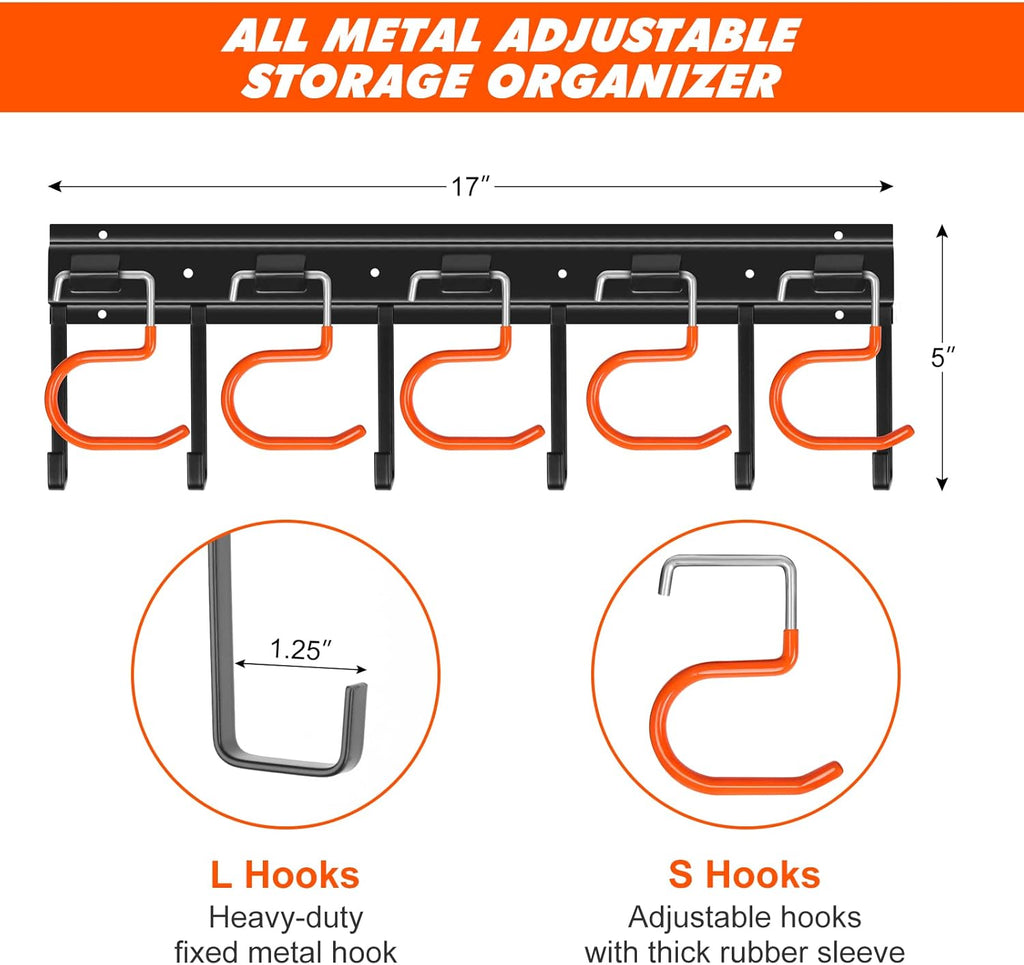 TVKB 17'' Adjustable Metal Garden Tool Organizer - Heavy Duty Wall Mount Storage with Hooks