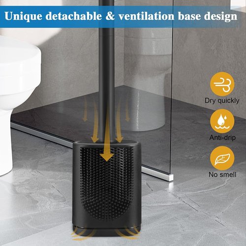 GAXMNS Silicone Toilet Brush and Holder Bendable Efficient Cleaning Wall Mounted Toilet Bowl Brush with Long Handle Brush Head and Silicone Bristles No Rusty Handles Problem (Black)