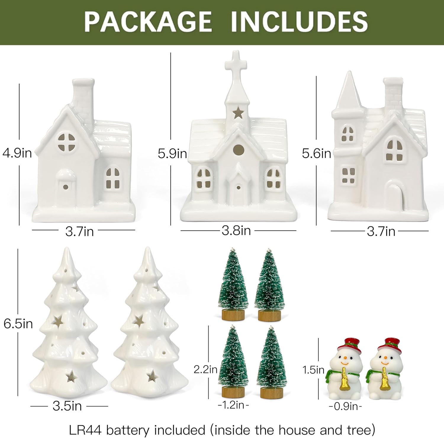 Skiennix Christmas Village Set - 11 Pcs Ceramic Decor with 3 Lighted Houses & Trees | Festive Tabletop Display