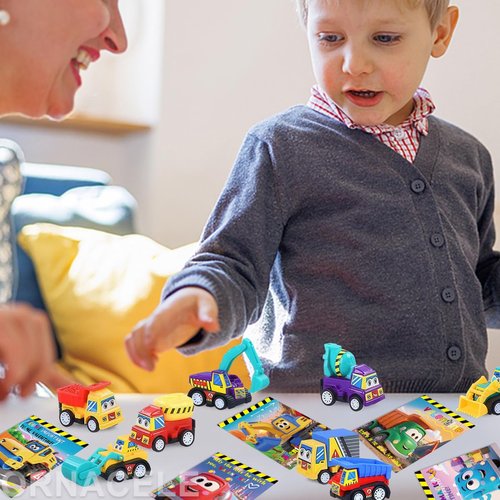 ORNACELE Valentines Day Gifts for Kids, 32 Pack Trucks Cards with Construction Vehicles, Pull Back Cars Sets Exchange Cards for Classroom School Party Favors