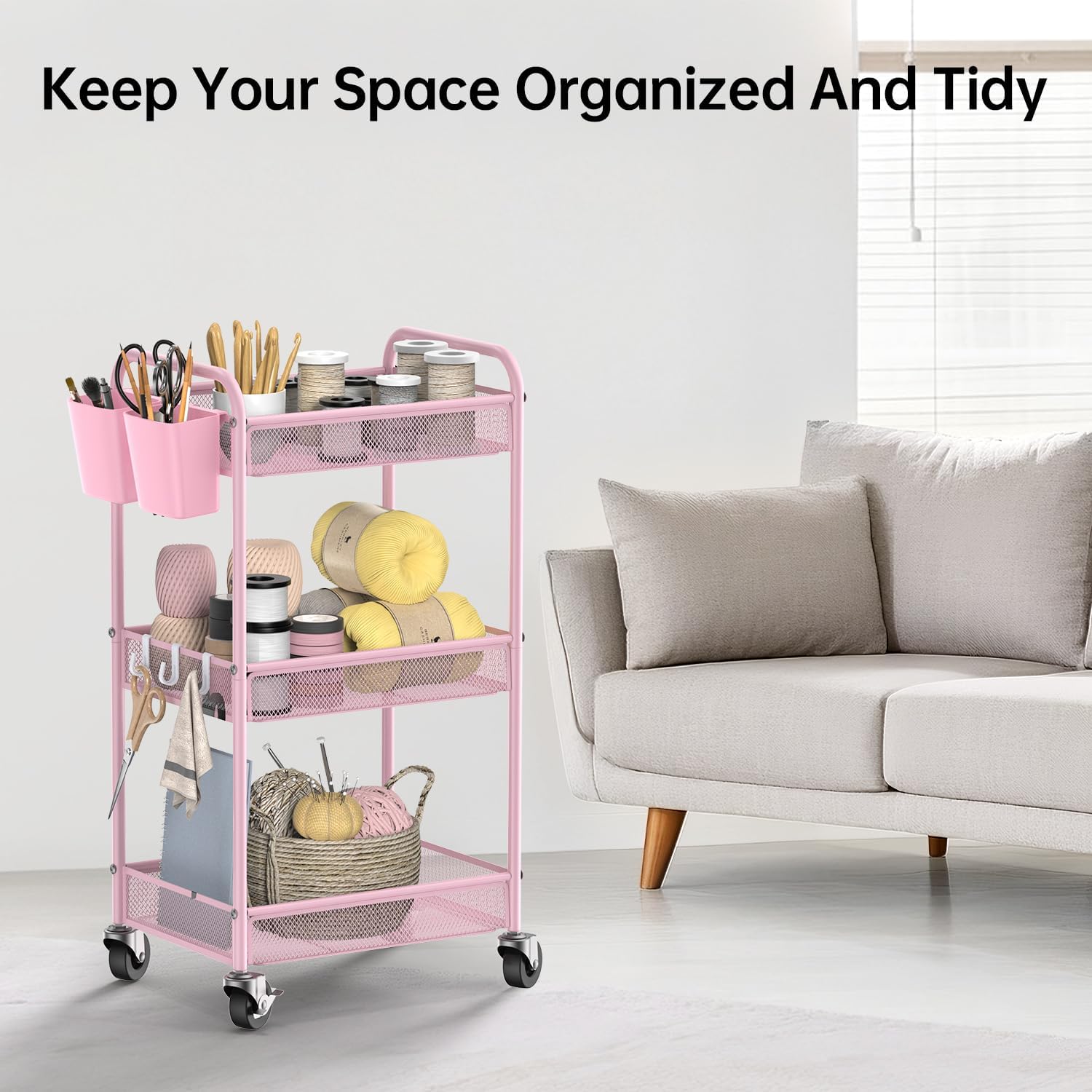 YASONIC 3-Tier Rolling Cart - Metal Utility Storage with Wheels, Craft Organizer, Pink