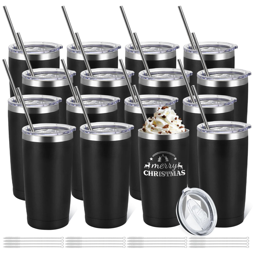 YOUKE OLA 16 Pack Stainless Steel Tumbler Bulk Insulated Vacuum Travel Mug Powder Coated Coffee Mug Gift for Laser Engrave, 20oz Black