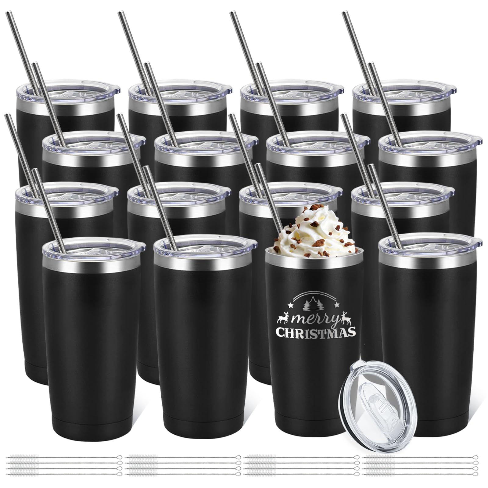 YOUKE OLA 16 Pack Stainless Steel Tumbler Bulk Insulated Vacuum Travel Mug Powder Coated Coffee Mug Gift for Laser Engrave, 20oz Black
