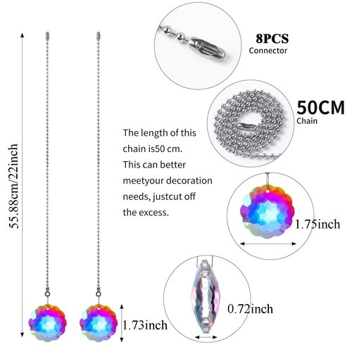 LONGSHENG - SINCE 2001 - 4 Pack Silver Ceiling Fan Pull Chains, Crystal Prisms Ornaments Pull Chains for Ceiling Fans and Lights, Decorative Fan Pulls Extenders with Connector