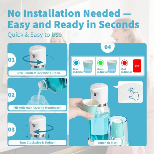 WannSenn Automatic Mouthwash Dispenser for Bathroom Set, Smart Electric Mouthwash Dispenser with Cup Holder, 25oz Mouthwash Container, Rechargeable, Suitable for All Age Groups, White