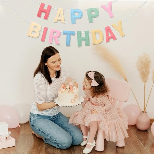 Felt Happy Birthday Banner, Pre-Strung 3D Birthday Rainbow Garland, Reusable Decorations Sign, Handmade Felt Banner for Women Girl, Party Decor, Photo Prop, Macaron