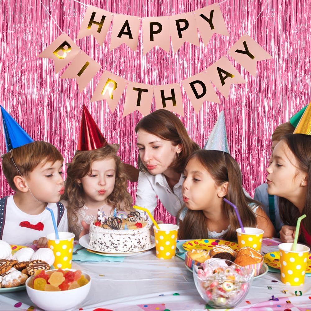Skiennix Pink Metallic Foil Curtain Backdrop - 10 Pack Tinsel Fringe for Parties & Celebrations