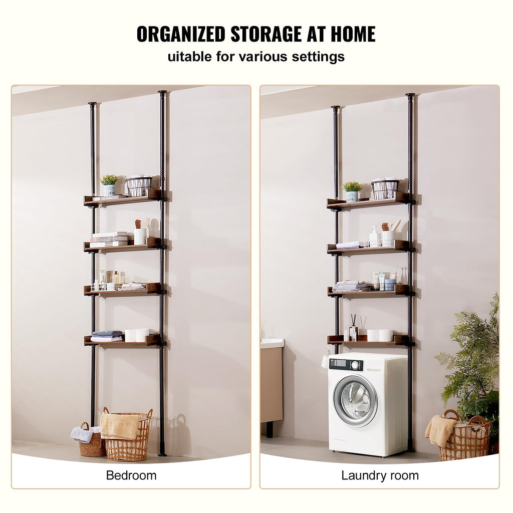 VEVOR Over the Toilet Storage, 4-Tier Adjustable Over Toilet Bathroom Organizer, Low-carbon Steel 53"-132" Tall Storage Shelf Rack, Easy Assembly Laundry Space Saver, for Small Rooms, Fit Most Toilets