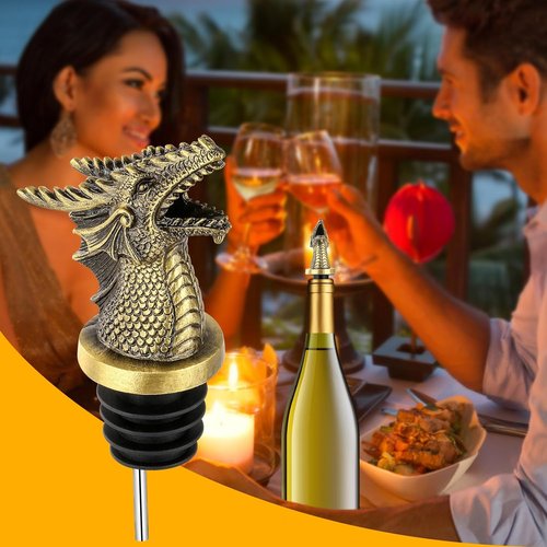 LKKCHER Dragon Head Liquor Pourers Spout for Alcohol Spirits, Dragon Gifts 2-In-1 Wine Bottle Pourer and Stopper for Men Women, Wine Accessories Gifts, Bronze with Bag