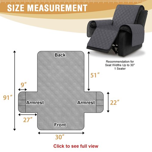 H.VERSAILTEX 100% Waterproof Recliner Chair Covers, Recliner Covers Non-Slip Stay in Place, Thick Cover for Recliner Chair with Pocket, Dog Couch Cover Protector Washable(Grey, 30")