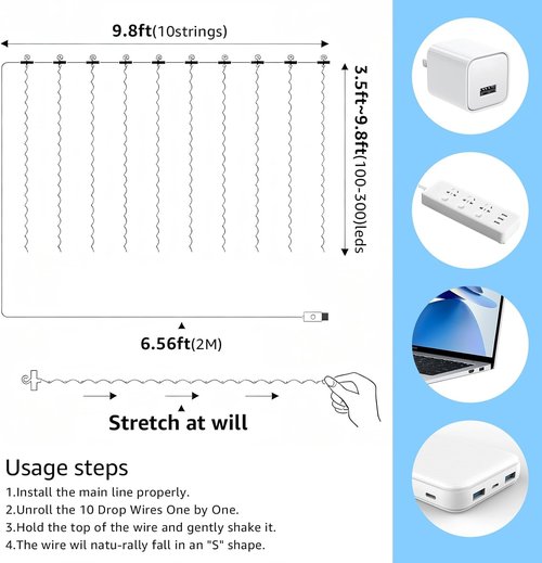 FUYO 300 LED Window Curtain String Lights - Waterproof Fairy Lights with 8 Modes for Bedroom, Party & Wedding Decor (White)