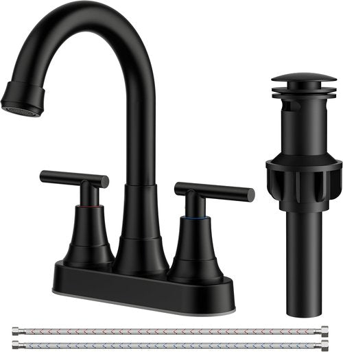 FORIOUS Matte Black Bathroom Faucet - 360° Spout with Pop-Up Drain | 4-Inch Centerset, Two Handles