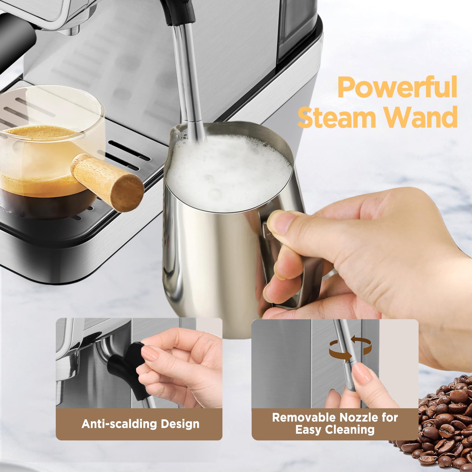 Ollygrin Espresso Machine,15 Bar Semi-Automatic Espresso Maker with Milk Frother,Compact Stainless Steel Coffee Machine with 40oz Removable Water Tank for Cappuccino,Latte, Americano,Sliver for Home