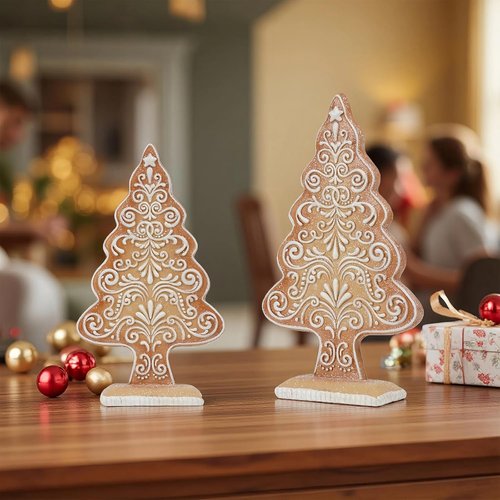 Braxio Gingerbread Christmas Tree Figurines - Stunning Sequined Tabletop Decoration | 5.5x2.25x10 Inch