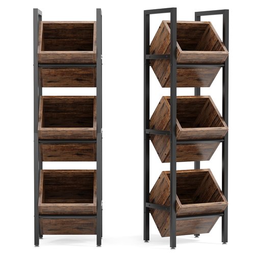 LITTLE TREE 3-Tier Basket Stand, Wooden Floor Stand Shelving Unit, Rustic Standing Organizer Storage Rack for Kitchen, Bathroom, Living Room