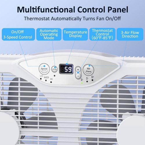 shinic Twin Window Fan, 9-Inch Blades Reversible Airflow, Thermostat Control, 3 Speeds, 3 Functions, 23.8"-37" Expandable Width, Window Exchaust Fans for Home Bedroom, ETL Certified