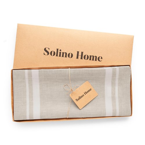 Solino Home Linen Table Runner 156 Inches Long - 100% Pure Linen White and Natural French Stripe Table Runner 14 x 156 Inch for Dining, Spring, Summer