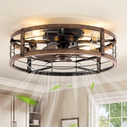 LEDIARY 20" Caged Ceiling Fan with Light and Remote, Low Profile Flush Mount Fandelier, Black Gold Bladeless Enclosed Small Fan Lights Ceiling Fixtures, Rustic Farmhouse Style for Bedroom, Outdoor
