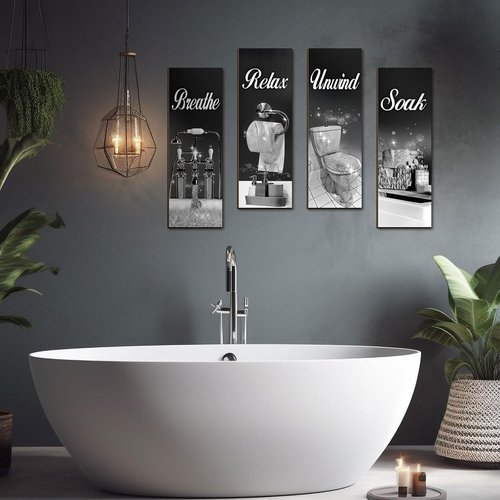 Honoson Bathroom Decor Wall Art - 4 Pcs Farmhouse Signs for Soothing Home Spa | Black & Silver
