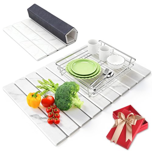 Stone Dish Drying Mat for Kitchen Counter, 24"×16" Foldable Stone Drying Mats, Non-Slip Fast Absorbent Diatomaceous Earth Stone Drying Matt for Kitchen Counter Dishes and Cups, Marbled White