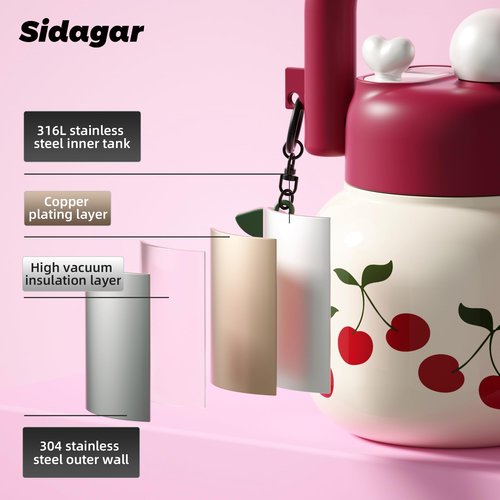 Sidagar 22 oz Tote Water Bottle with Straw and Carry Handle, Wide Mouth Vacuum Insulated Stainless Steel Tumbler, Travel Coffee Cup for Women Easy Carry, Cherry