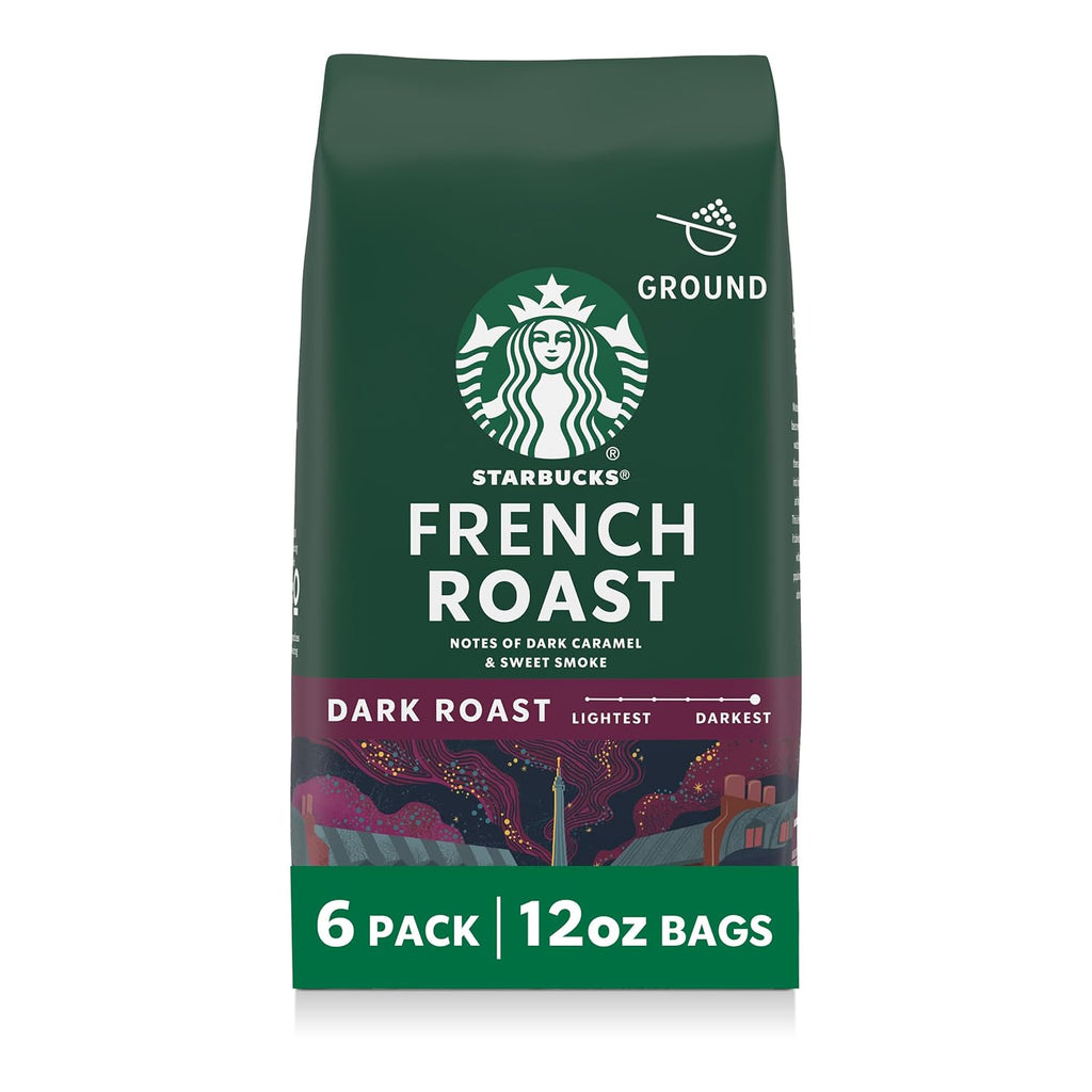 Starbucks Ground Coffee - Dark Roast for Hot or Iced Beverages | French Roast, Six 12 oz Bags