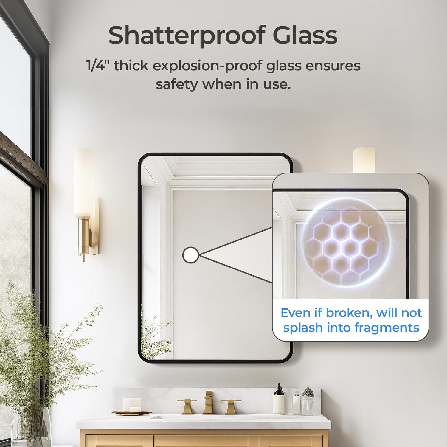 USHOWER Black Bathroom Mirror - 22 x 30 Inch Matte Black Rectangle Wall Mirror with Rounded Metal Frame