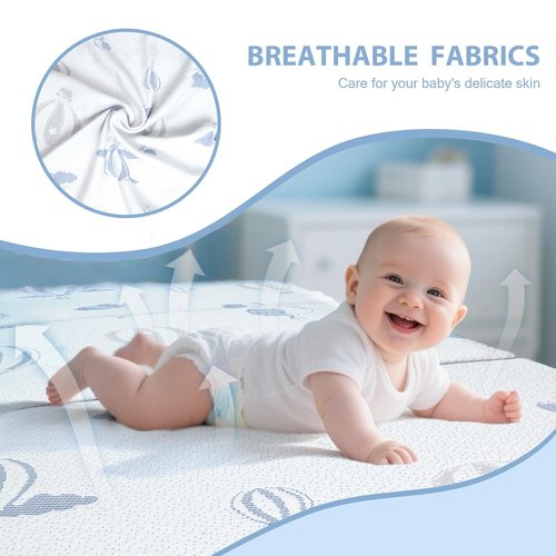 voomf Pack and Play Mattress Trifold, 38"x26"x3'' Memory Foam Dual-Sided Pack N Play Mattresses for Baby Toddler, Soft Baby Crib Mattress for Pack N Play with Machine Washable Cover Balloon Pattern