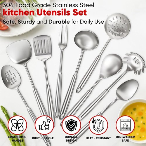Newness 9-Piece Stainless Steel Cooking Utensils Set | Durable Metal Kitchen Tools, Dishwasher Safe