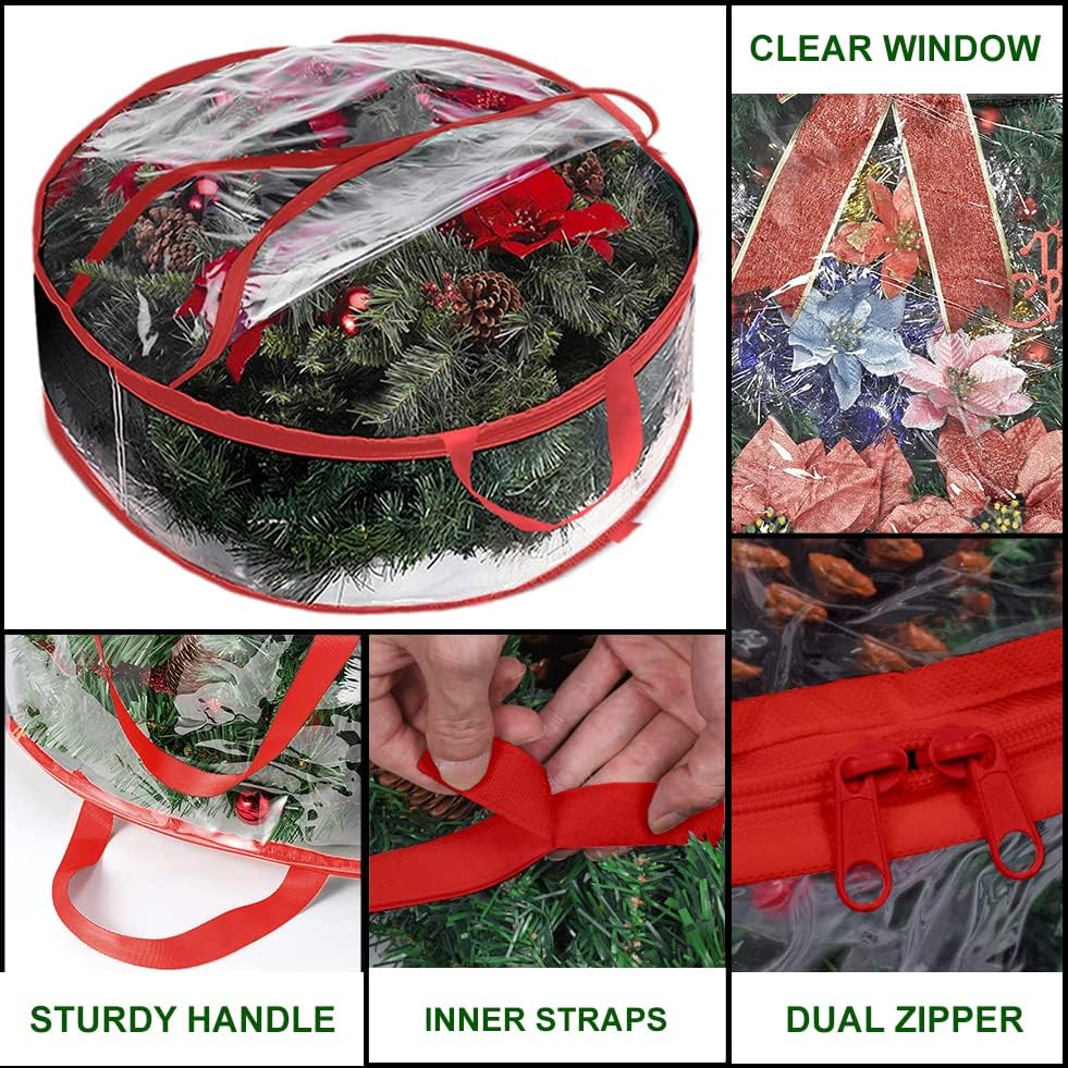 ProPik Christmas Wreath Storage Bag - Waterproof Clear PVC Container for 30" Wreaths | 2-Pack, Red