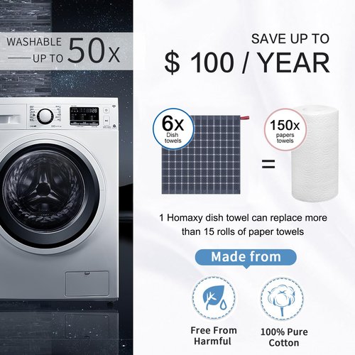 Homaxy 100% Cotton Dish Cloths, 6 Pack-12 X 12 Inches, Check Design Waffle Weave Dish Rags for Washing Dishes, Ultra Absorbent and Fast Drying Dishcloths, Grey