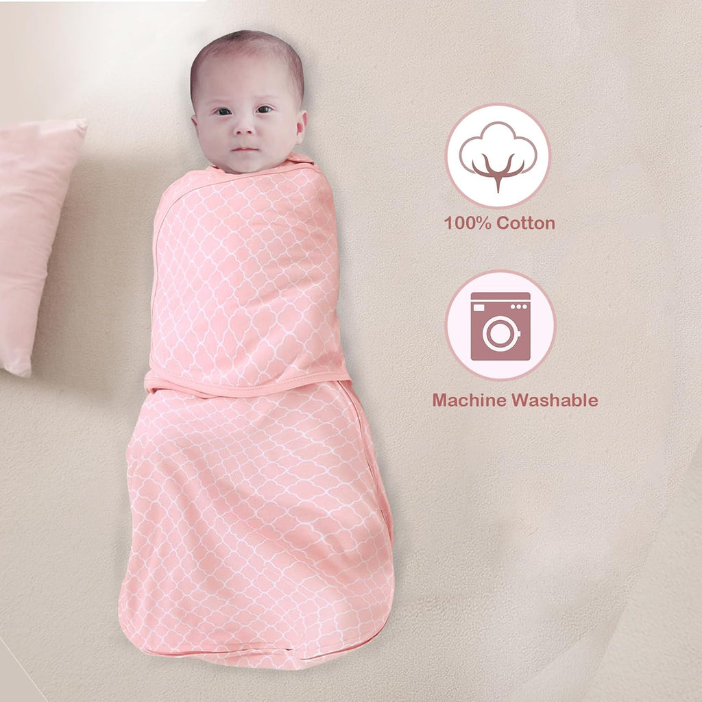 Skiennix Baby Sleep Sack Swaddle - 3-Way Adjustable 100% Cotton Transition Blanket for Girls | 0-6 Months, Pink