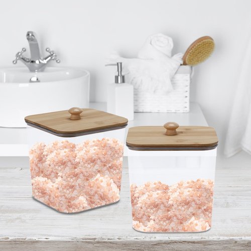 Yomjarl Bath Salt Container,2 Pack Clear Plastic Storage Bathroom Canisters with Wooden Lids & Handle,Airtight Bath Salt Dispenser Jars for Bathroom Organization Accessories,Bathtub Decor Box