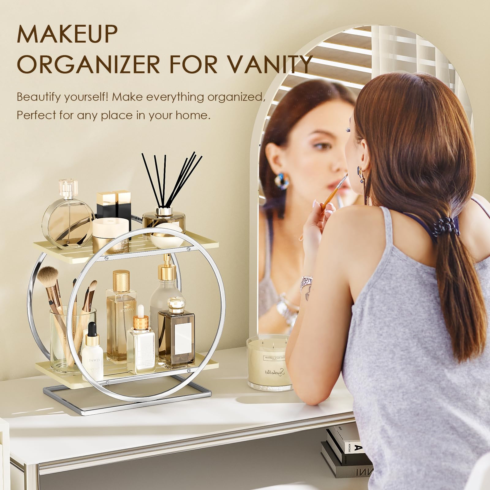 YIWANFW Perfume Organizer for Dresser, 2-Tier Bathroom Counter Organizer, Elegant Makeup Organizer for Vanity, Multi-Purpose Cosmetics Skincare Organizers Countertop (Silver Frame & Cream White Tray)
