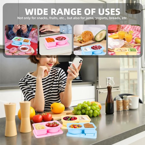 Tizuxa 3 Pack Silicone Reusable Snack Containers with Lids, Double Compartment Snackle Box Containers, Salad Dressing Sauce Seasoning Container, Small Mini Food Snack Boxs for Travel, Office, Picnic