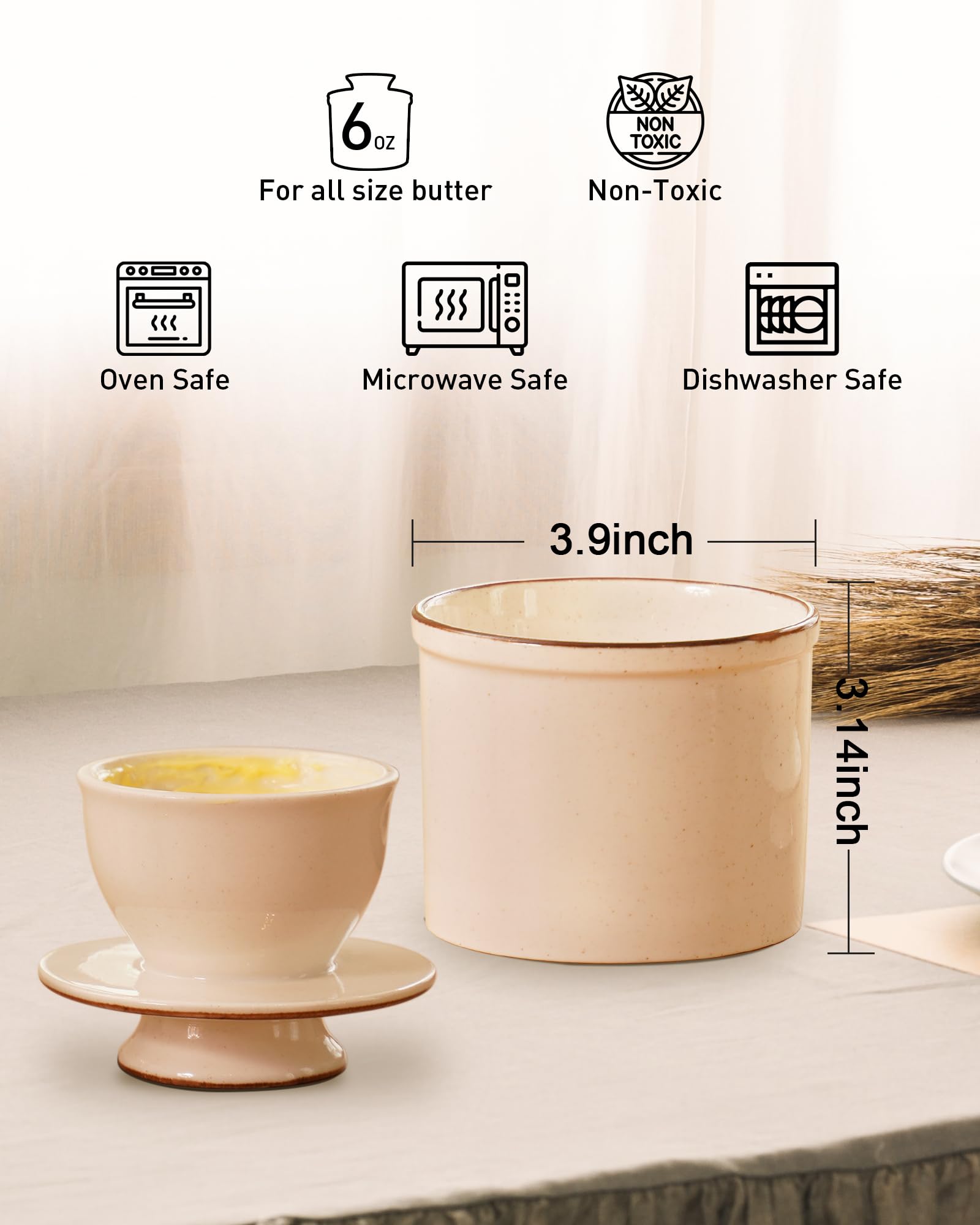 Jersinwei French Butter Dish, Butter Crock for Counter with Water Line, Ceramic Butter Keeper for Spreadable Butter - Chrismas Gift Home Kitchen Decor - Reactive Glaze Collection - White