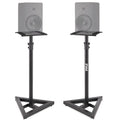 Pyle Speaker Stand Pair of Sound Play 1 and 3 Holder - Telescoping Height Adjustable from 26” - 52” Inch High Heavy Duty Three-point Triangle Base w/ Floor Spikes and 9” Square Platform, Black