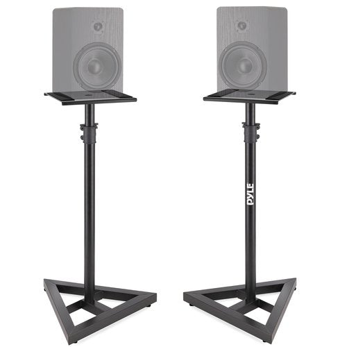 Pyle Speaker Stand Pair of Sound Play 1 and 3 Holder - Telescoping Height Adjustable from 26” - 52” Inch High Heavy Duty Three-point Triangle Base w/ Floor Spikes and 9” Square Platform, Black